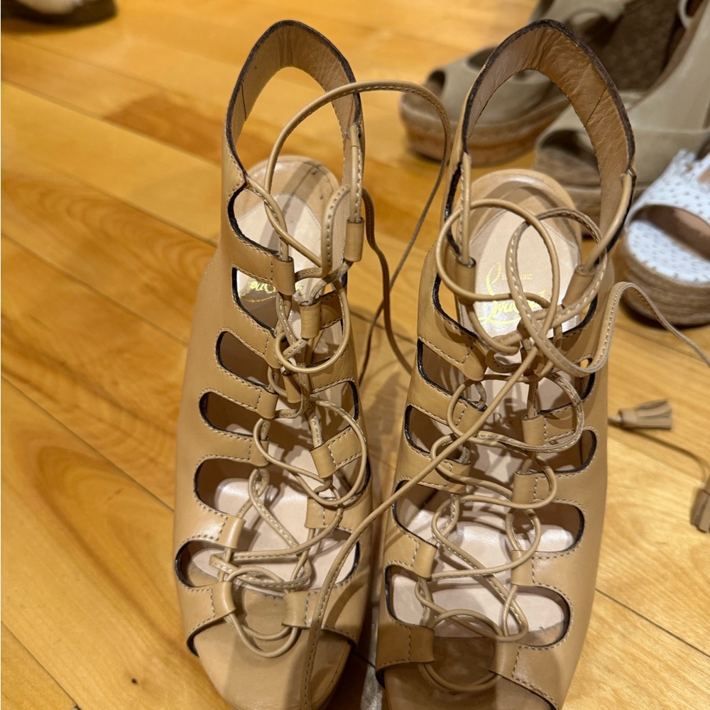 Christian Louboutin Tan Lace-Up Cutout Peep-Toe Heels